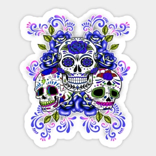 Triple Skull Blue Floral Day Of The Dead Sugar Skulls Sticker